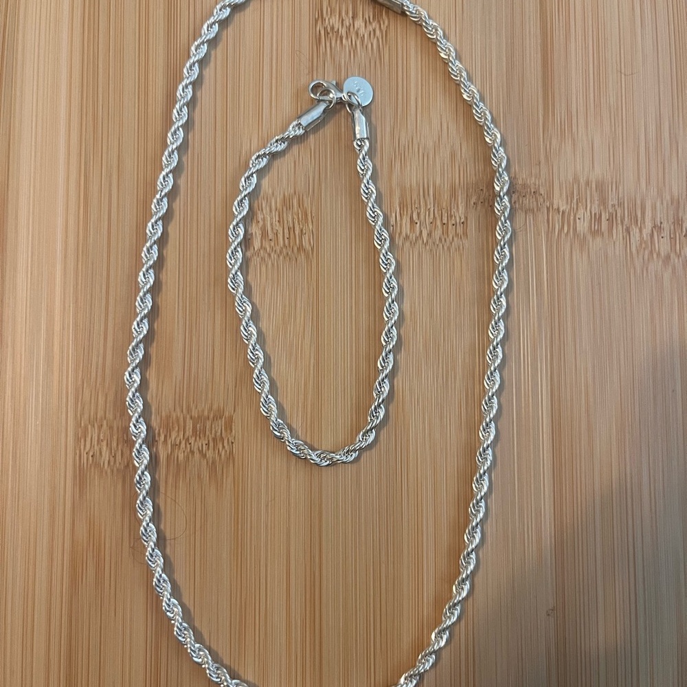 Elegant Sterling Silver Rope Chain Necklace and Bracelet Set